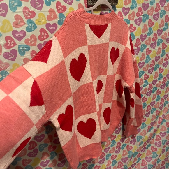 Valentines pink checkered and red hearts very hearts long sleeve sweater - Picture 3 of 7